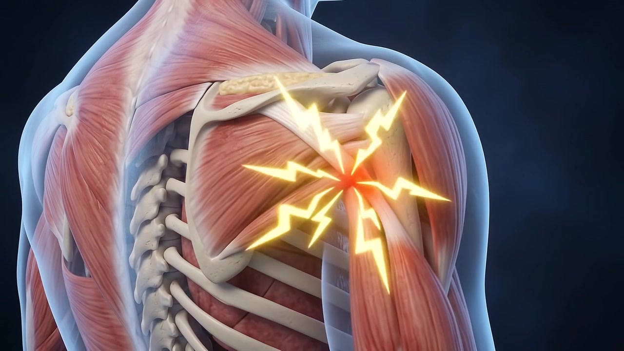 Animazione medica 3D del dolore alla spalla e dell'infiammazione nervosa