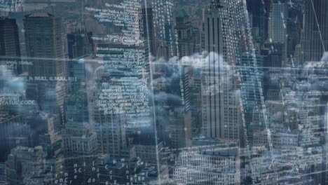 animation of data processing over cityscape background