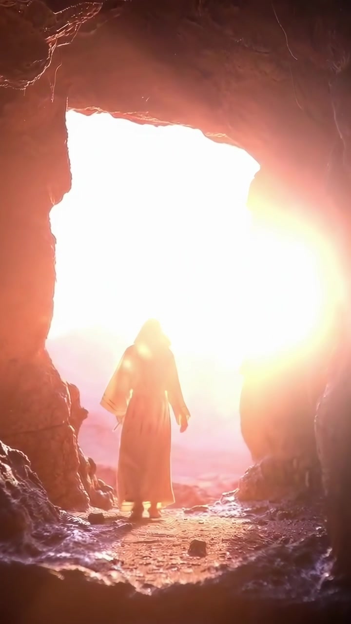 Persona in tunica che esce da una grotta buia verso la luce solare intensa.