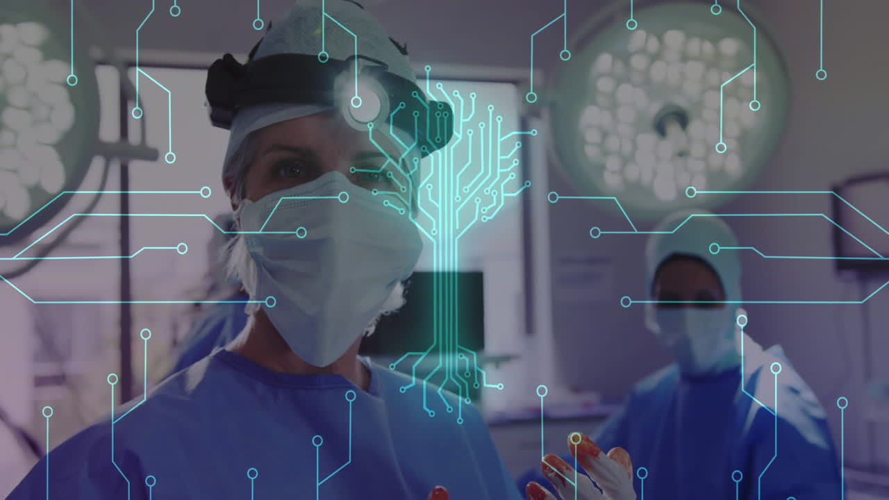 In operating room, surgeons using animation overlay, highlighting medical technology