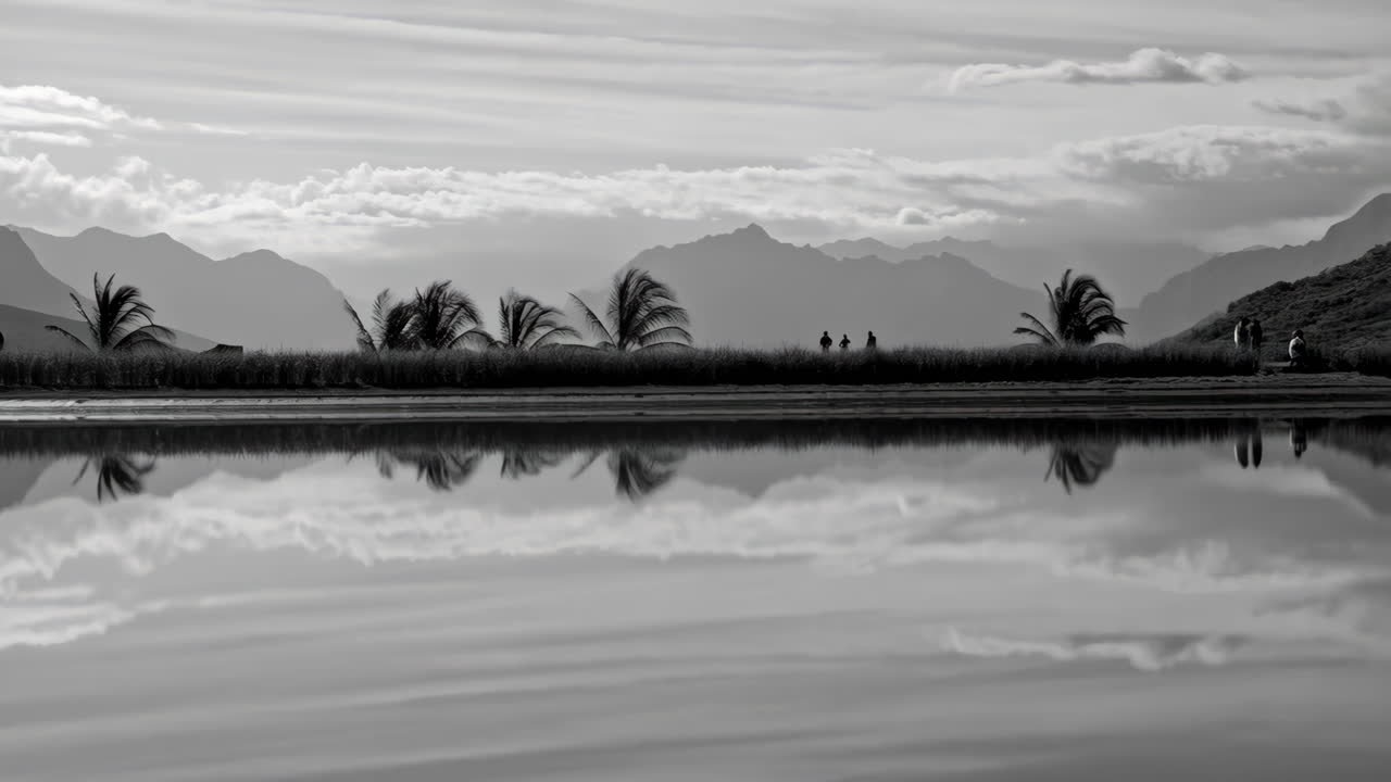 Paisagem Serena em Preto e Branco com Reflexos de Montanhas