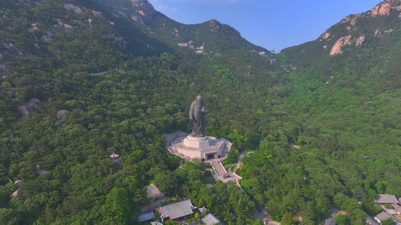 Aerial photography of the statue of Laozi in Taiqing Palace, Laoshan Mountain, Qingdao, China. The statue of Laozi, the founder of Chinese Taoism,