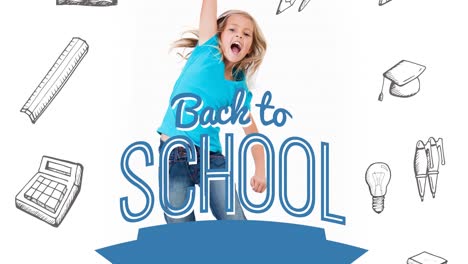 Animation-of-back-to-school-text-over-excited-schoolgirl-and-school-items-scrolling-on-white