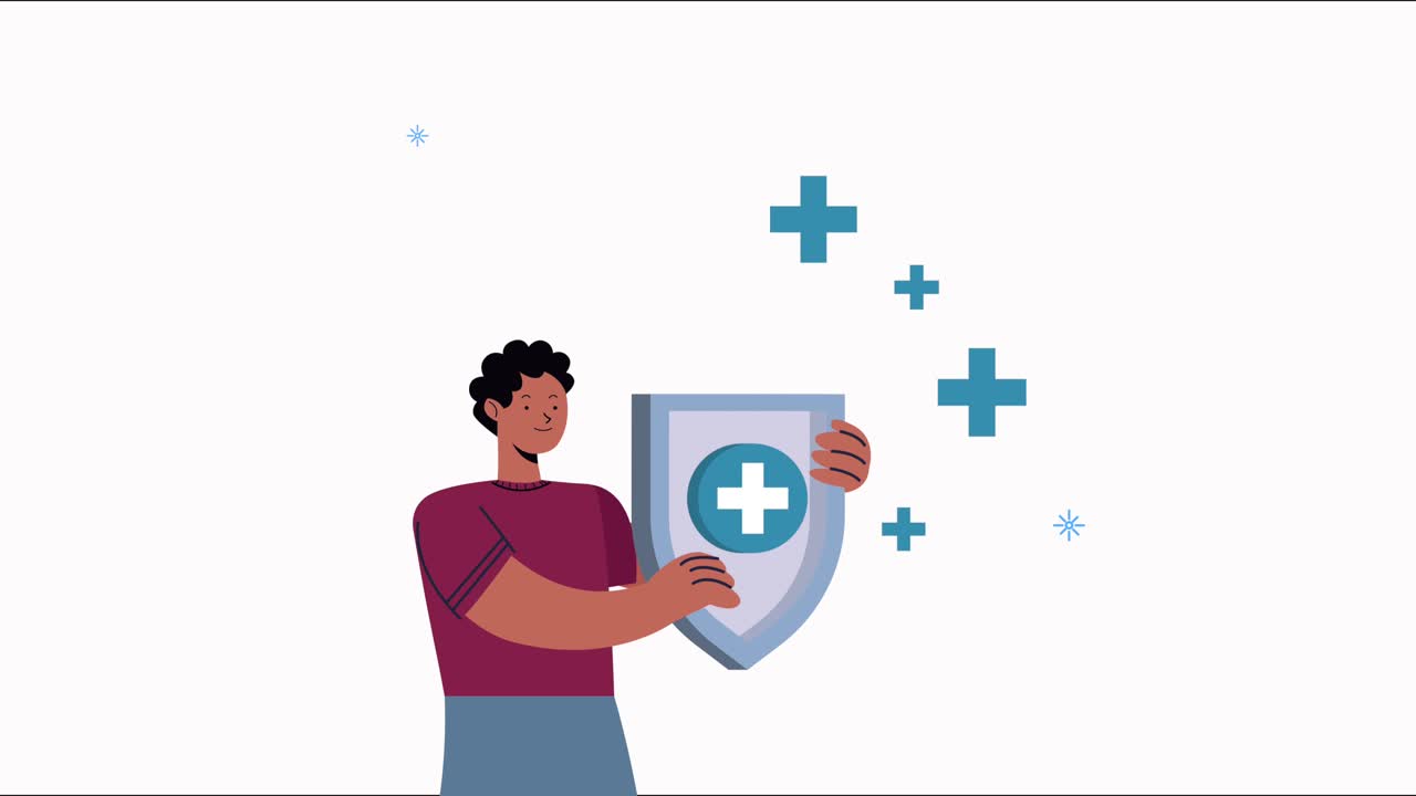 анимация болезни covid-19 с человеком, поднимающим щит