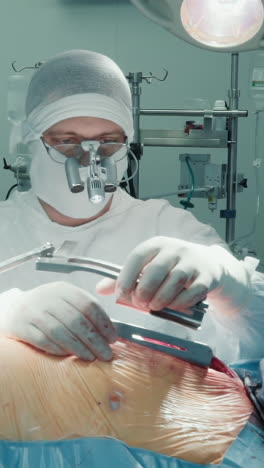 el cirujano cardíaco introduce herramientas estériles en el pecho del paciente. el médico con binoculares prepara la herida quirúrgica para la cirugía de derivación de la arteria coronaria en el hospital