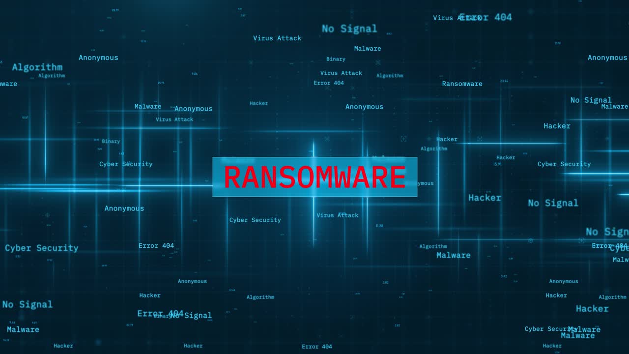 Ransomware Virus Attack Concept: Cyber Security Background with Moving Lines and Animated Words