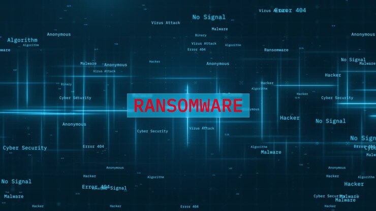 Ransomware Virus Attack Concept: Cyber Security Background with Moving Lines and Animated Words