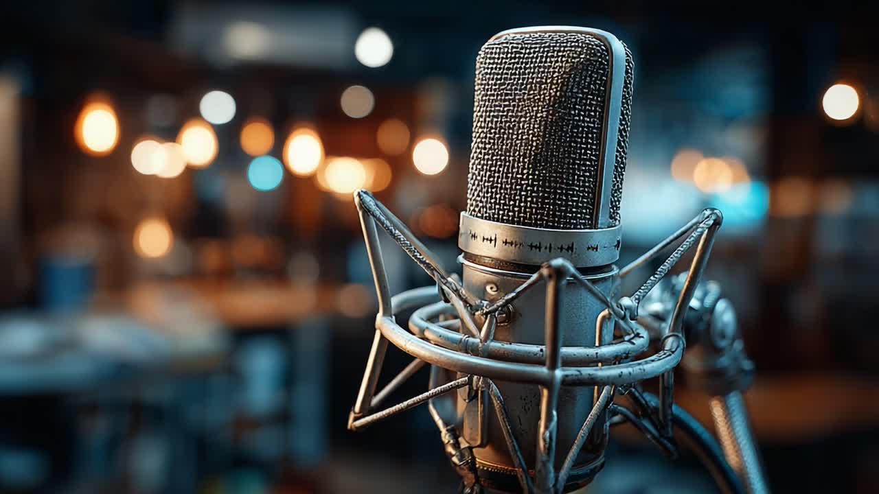 Captivating Close-Up of a Vintage Microphone in a Studio Setting, Showcasing Its Iconic Design Against a Blur of Warm Bokeh Background Lights