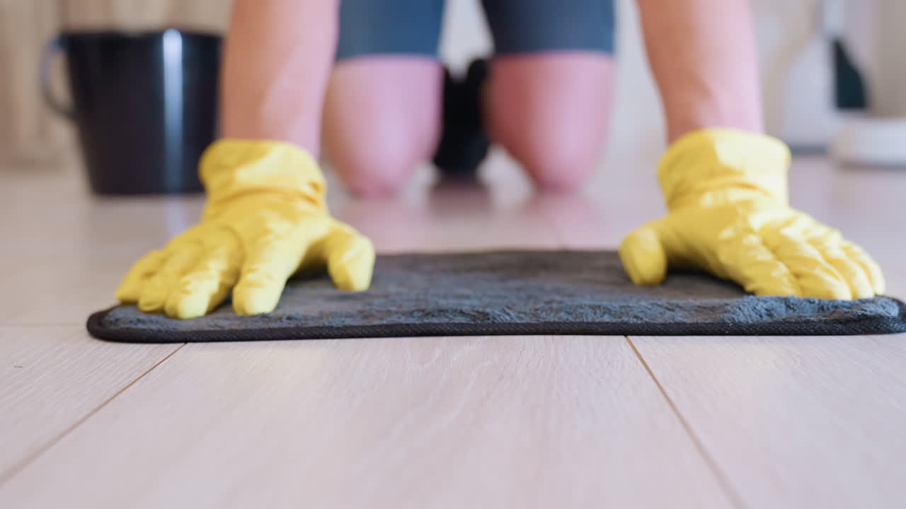 Close up of person kneeling on floor wearing yellow gloves moving rag forward and backward on wooden surface, showing household cleaning service and sanitation process