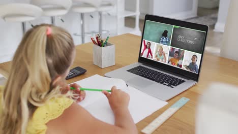 schoolgirl using laptop for online lesson at home, with diverse teacher and class on screen