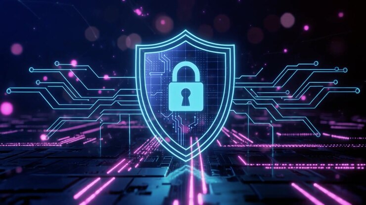 Digital Security Shield Icon with Circuit Board Background