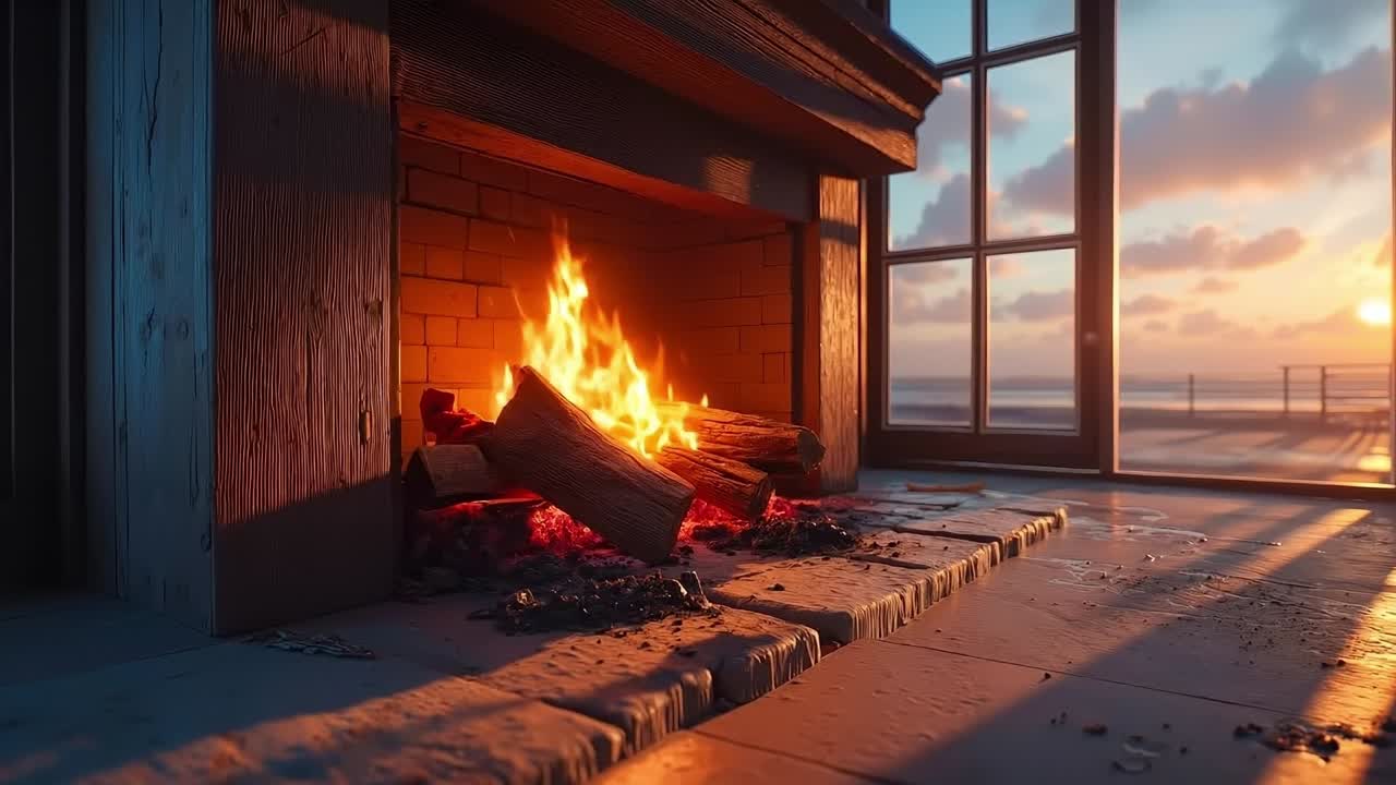 A fireplace with a fire burning in it in front of a window