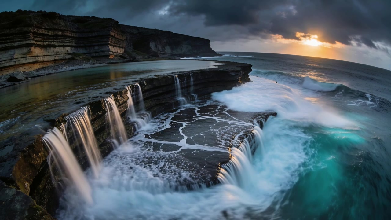 Holding flat tabular rock platform spilling foamy falls on coastal shelf, incoming swells growing