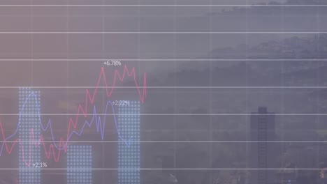 Animation-of-financial-and-stock-data-over-foggy-cityscape