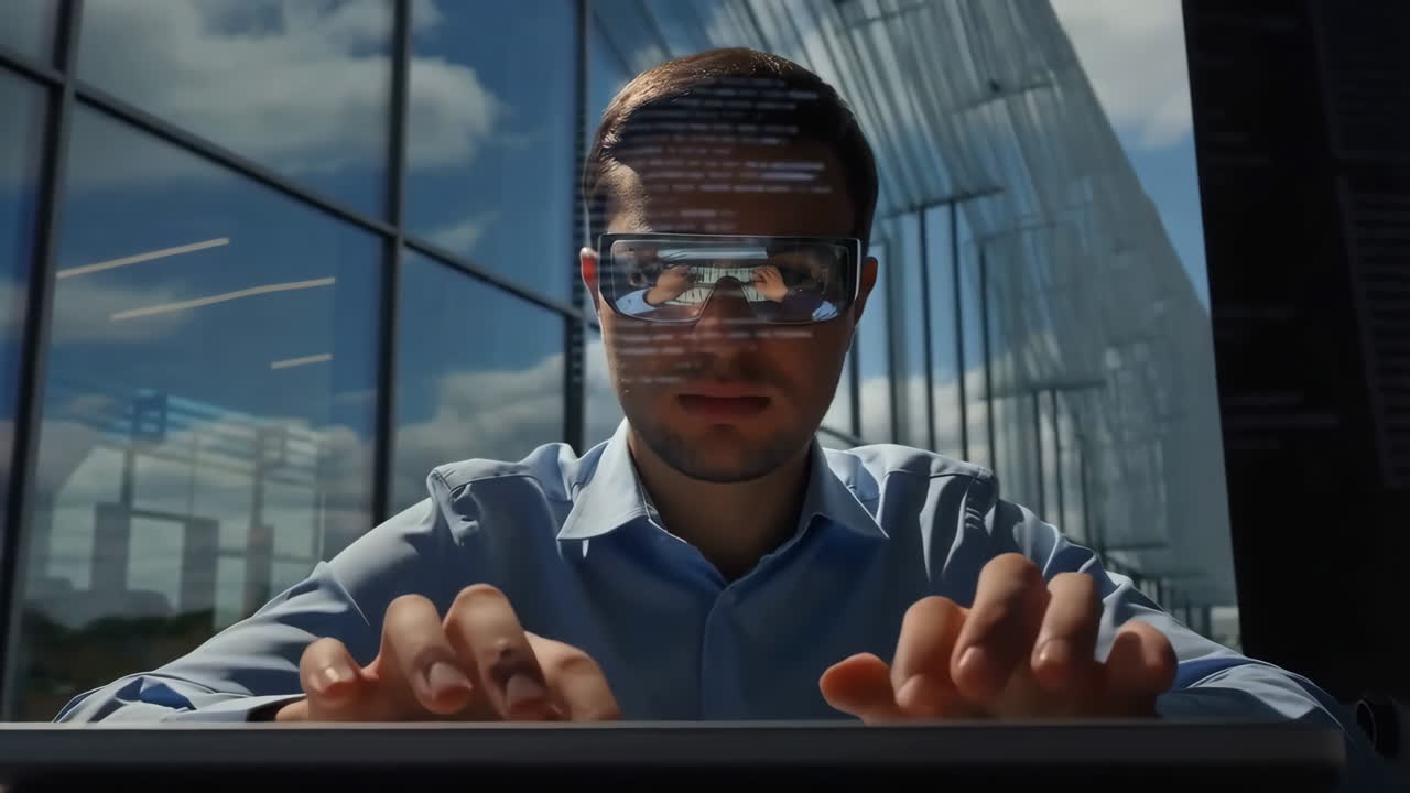 Man Using Augmented Reality Glasses for Coding