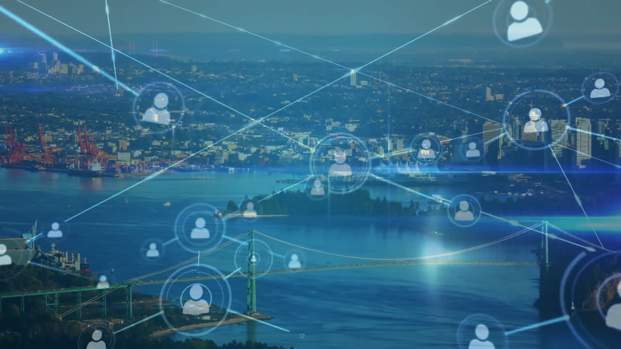 다리와 물을 가진 도시 풍경에 대한 연결 네트워크와 데이터 처리 애니메이션