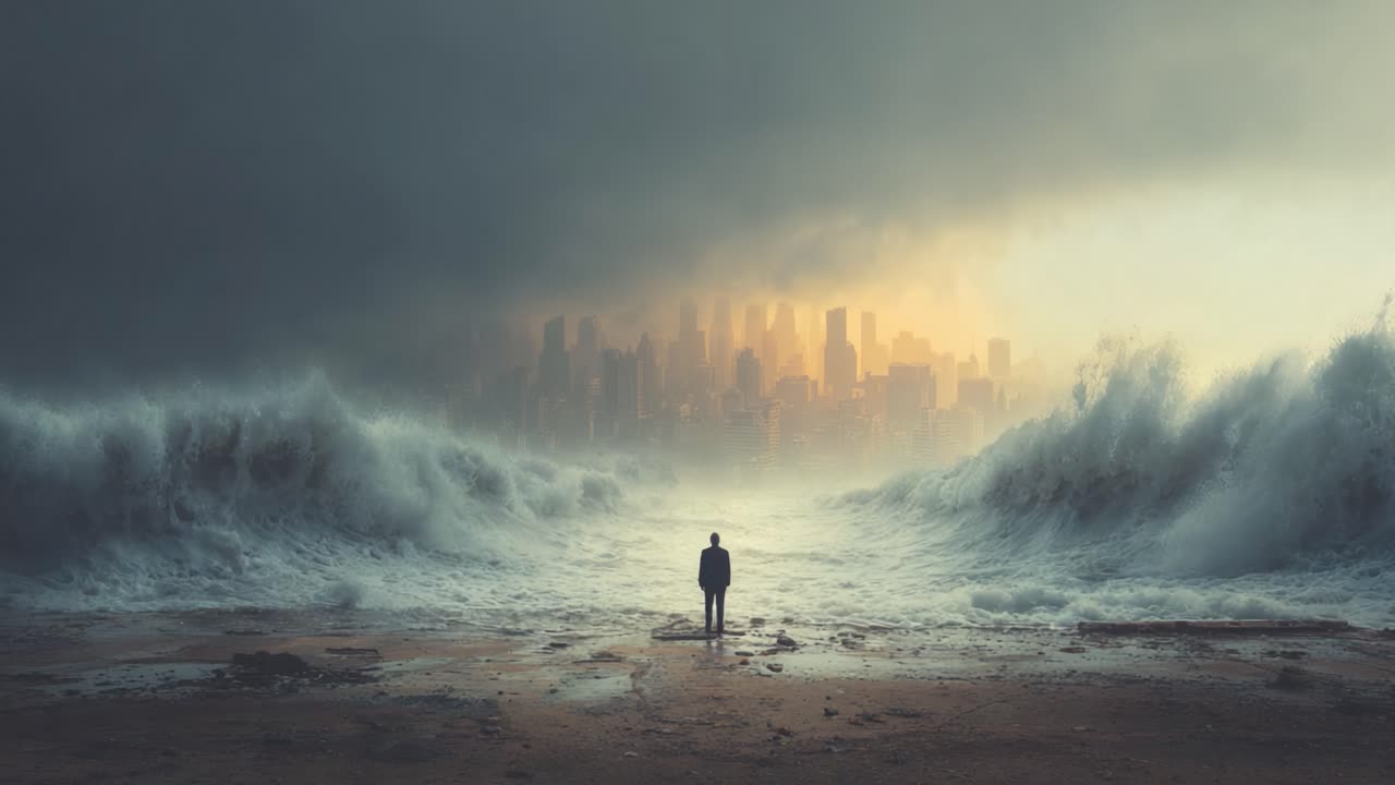 A solitary figure stands amidst tumultuous waves and ominous clouds, gazing towards a distant city engulfed in mist—a powerful visual of nature's fury against urban resilience