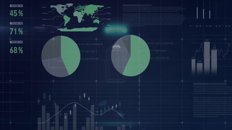 Animation of battery icon over neon round shape over statistical data processing on blue background