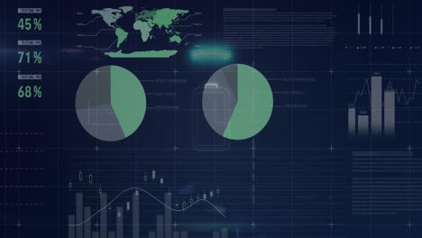 animation of battery icon over neon round shape over statistical data processing on blue background