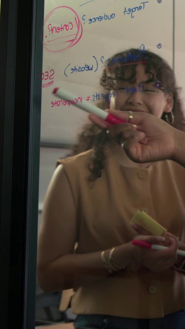 Video verticale: Prendendo un pennarello offerto da un collega, una leader in top beige che scrive su un vetro tenendo dei post-it.