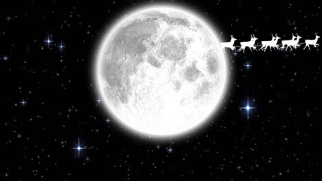 Animation-of-santa-claus-in-sleigh-with-reindeer-over-moon-and-stars