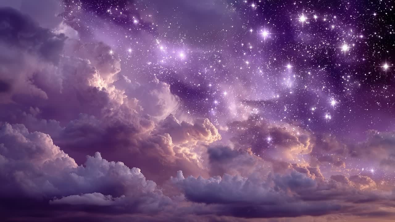 A Majestic Display of Cosmic Beauty: A Stunning Starry Night Sky Illuminating the Twilight with Glorious Purple and Silver-Hued Clouds in Harmony