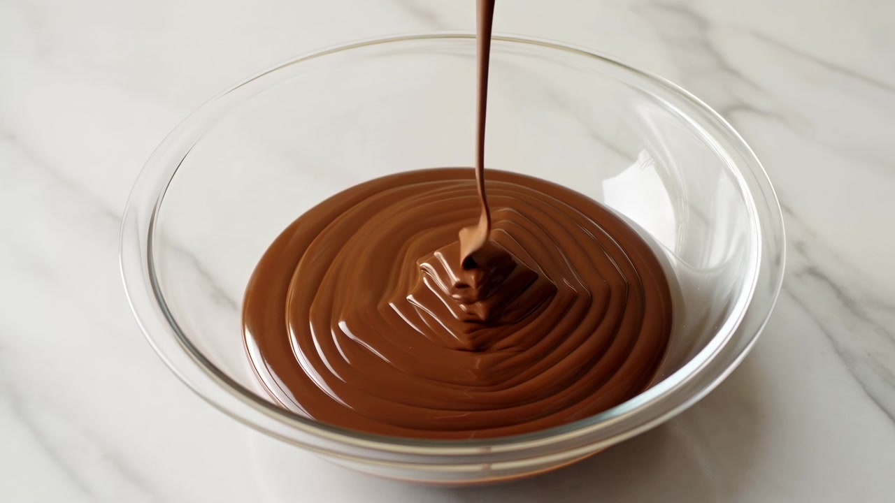 Una stretta striscia di cioccolato fuso si versa in una ciotola di vetro rotonda e trasparente, formando spirali concentriche e strati lisci e lucidi su un piano di lavoro in marmo con una luce da studio brillante, vista ravvicinata obliqua dall'alto
