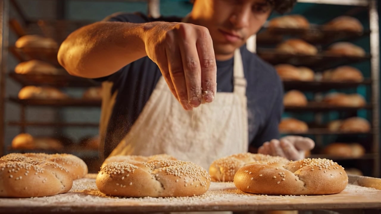 Artisan Baker Perfecting Sesame-Topped Buns with Care and Precision in a Warm Bakery Kitchen Setting, Showcasing Culinary Skill in Every Detail