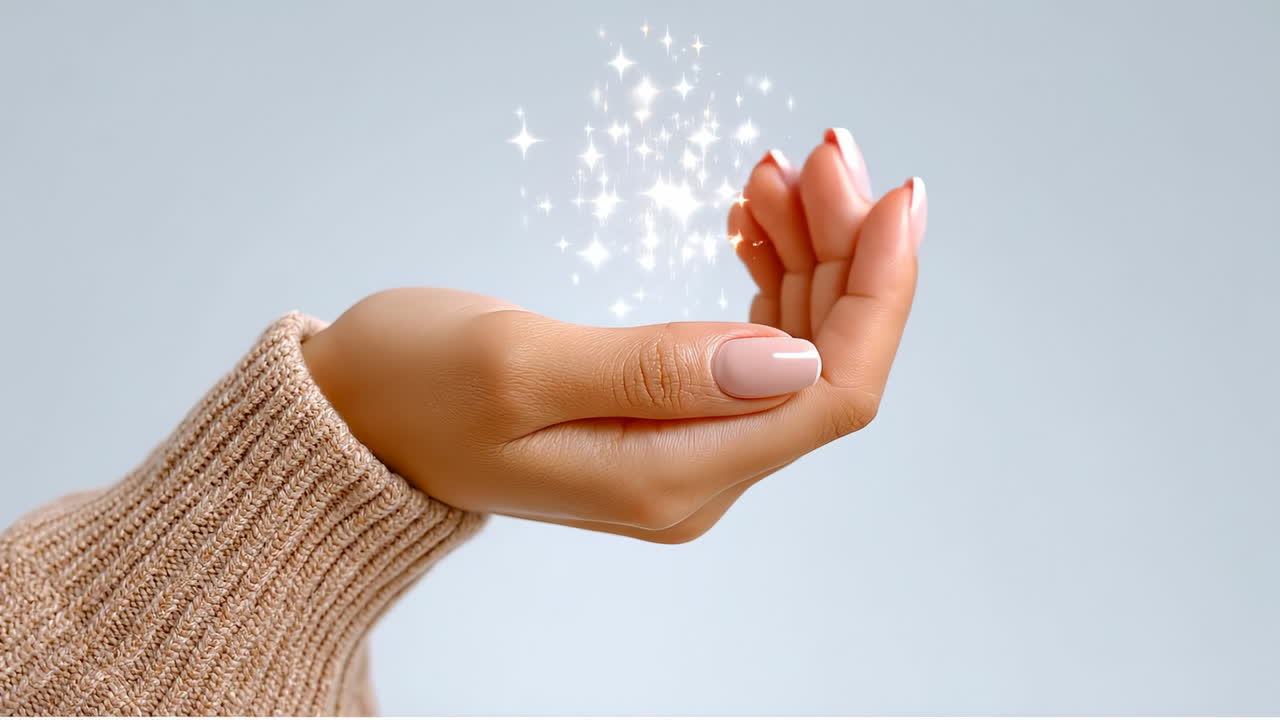 Creating magic with a hand gesture. A hand stretches out with sparkling effects in a soft, light setting, showcasing creativity and charm