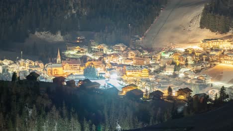 A-night-view-of-the-San-Vigilio-di-Marebbe,-a-small-town-in-South-Tyrol,-Italy