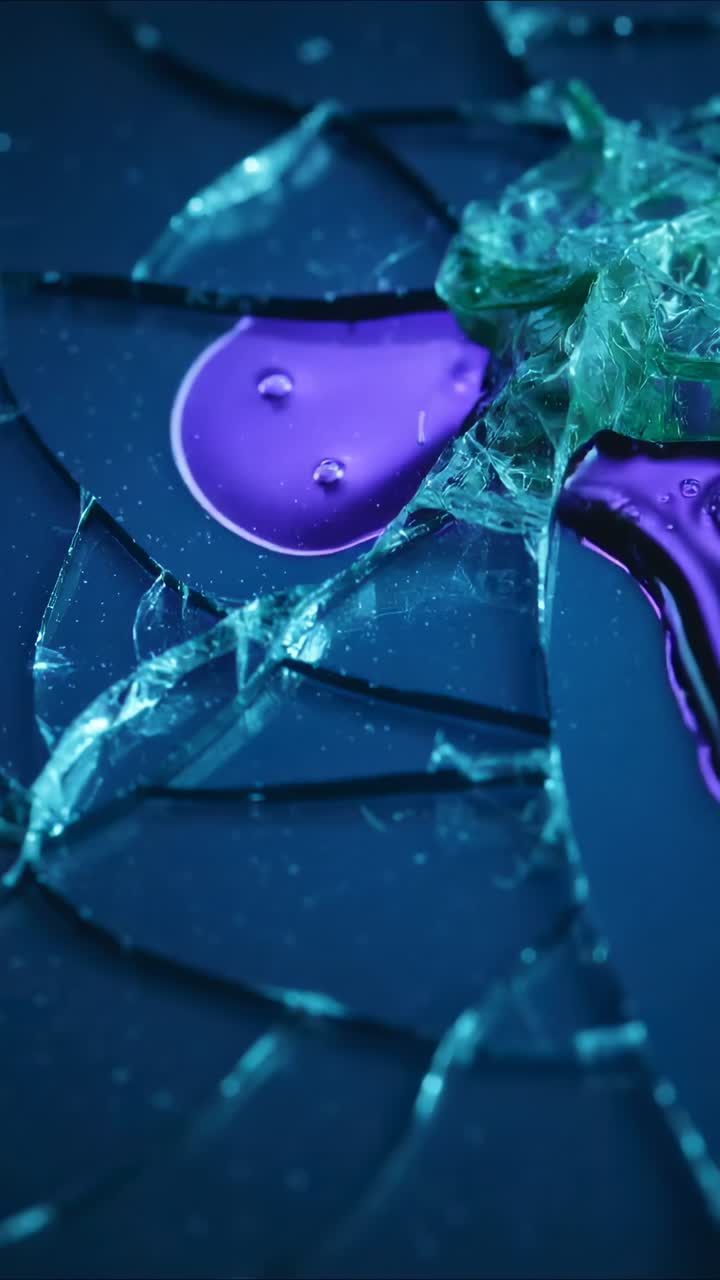 Vertical video: Settling purple liquid wetting broken glass on dark table as green film relaxing