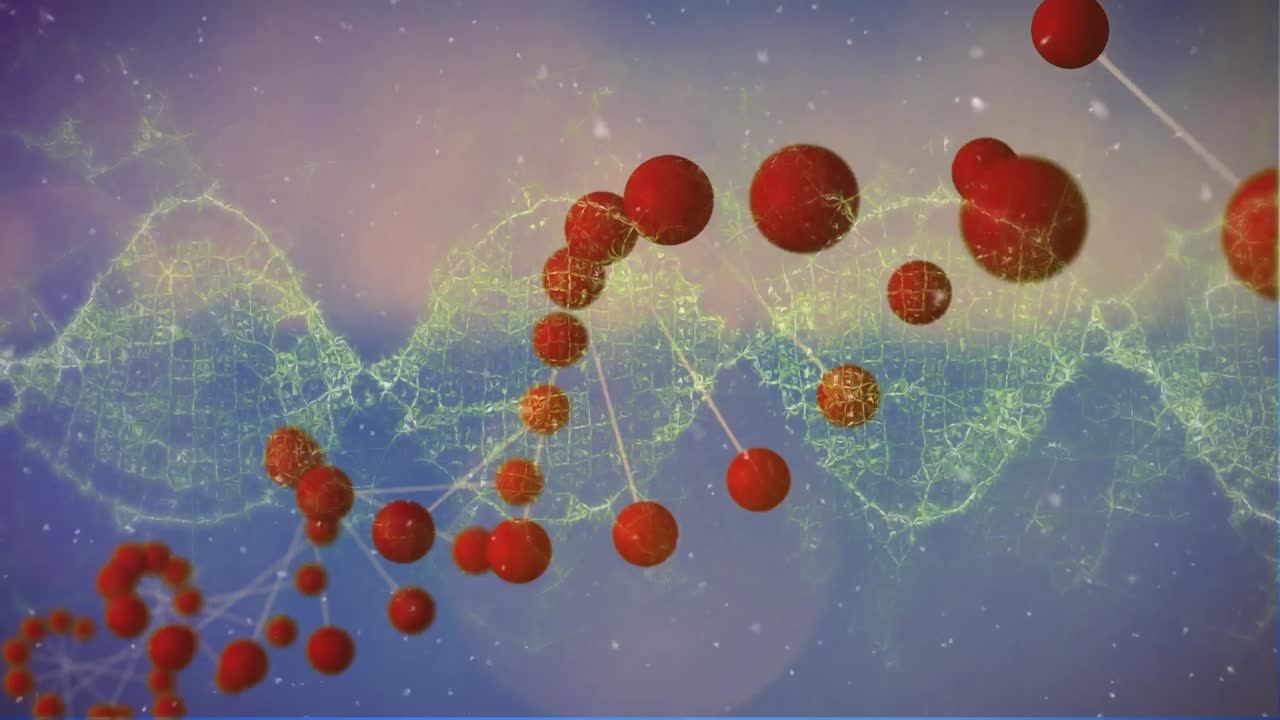 animación de la cadena de adn rotando sobre ondas amarillas y fondo violeta