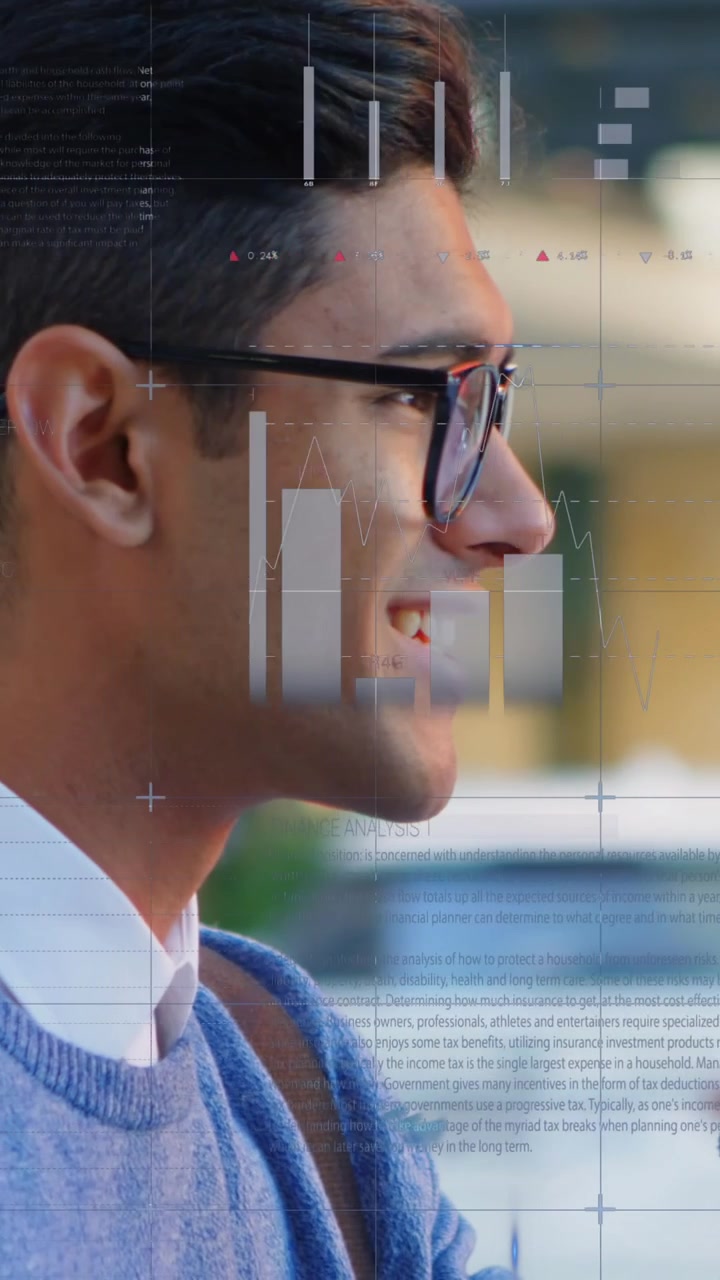 Animation of data processing over man using smartphone