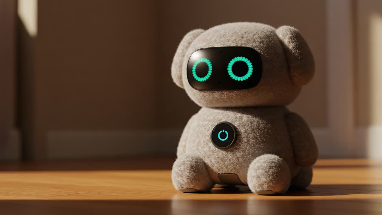 A Charming Robotic Companion with Bright, Interactive Emotive Eyes, Positioned on a Wooden Floor in a Cozy, Sunlit Room, Showcasing Modern Technology and Adorable Design