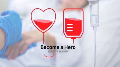 Animation-Des-Texts-„Werde-Zum-Helden-–-Blut-Spenden“-über-Den-Arzt,-Der-Eine-Blutprobe-Entnimmt