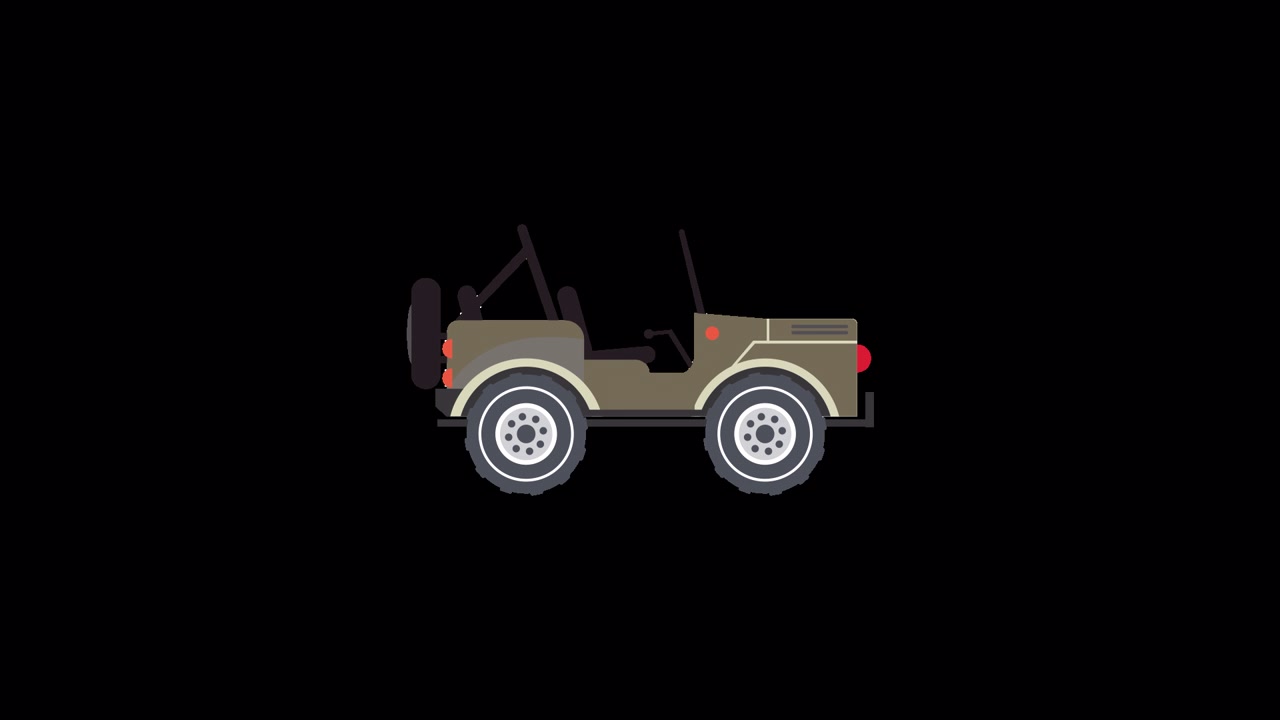 Flat-Design-Animation eines Militär-Jeeps, der zusammengebaut wird