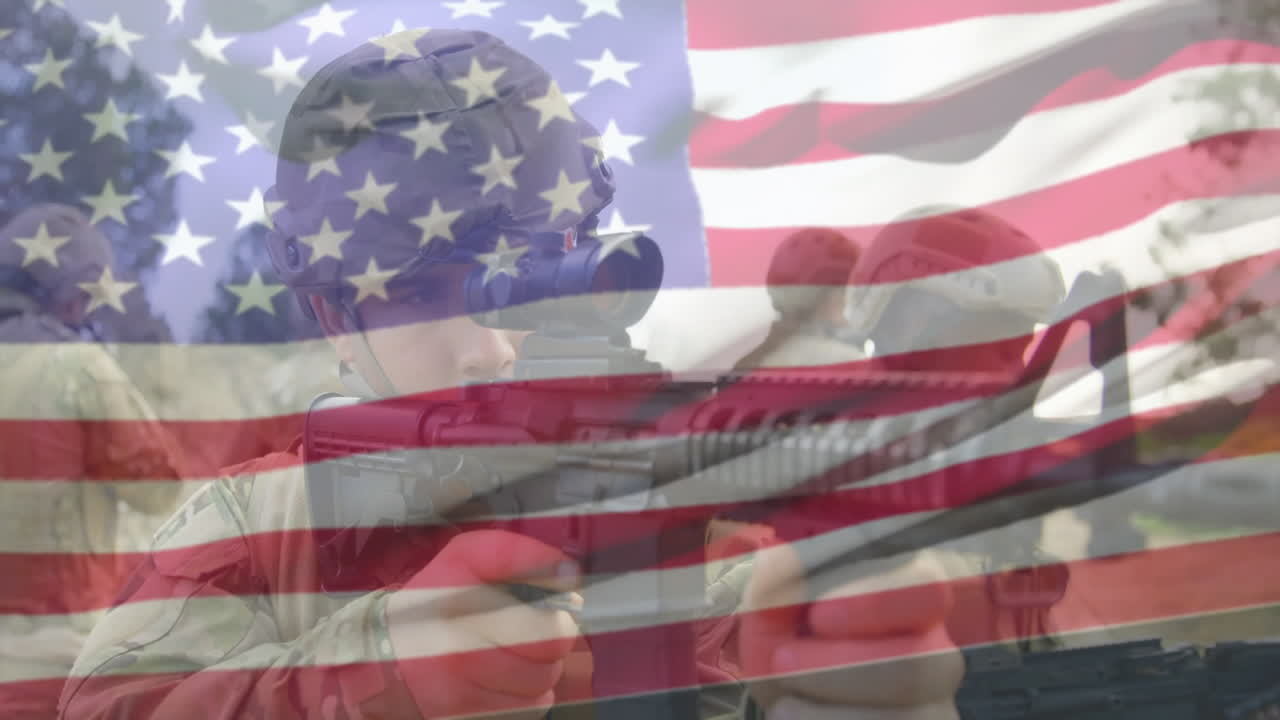 Animation of flag of usa over diverse male soldiers