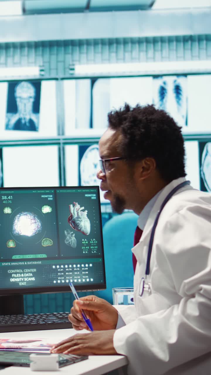 Doctor reading x ray imaging for a diagnostic report at consultation