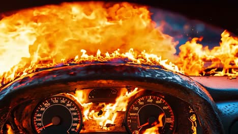 a car dashboard with a fire burning in the background