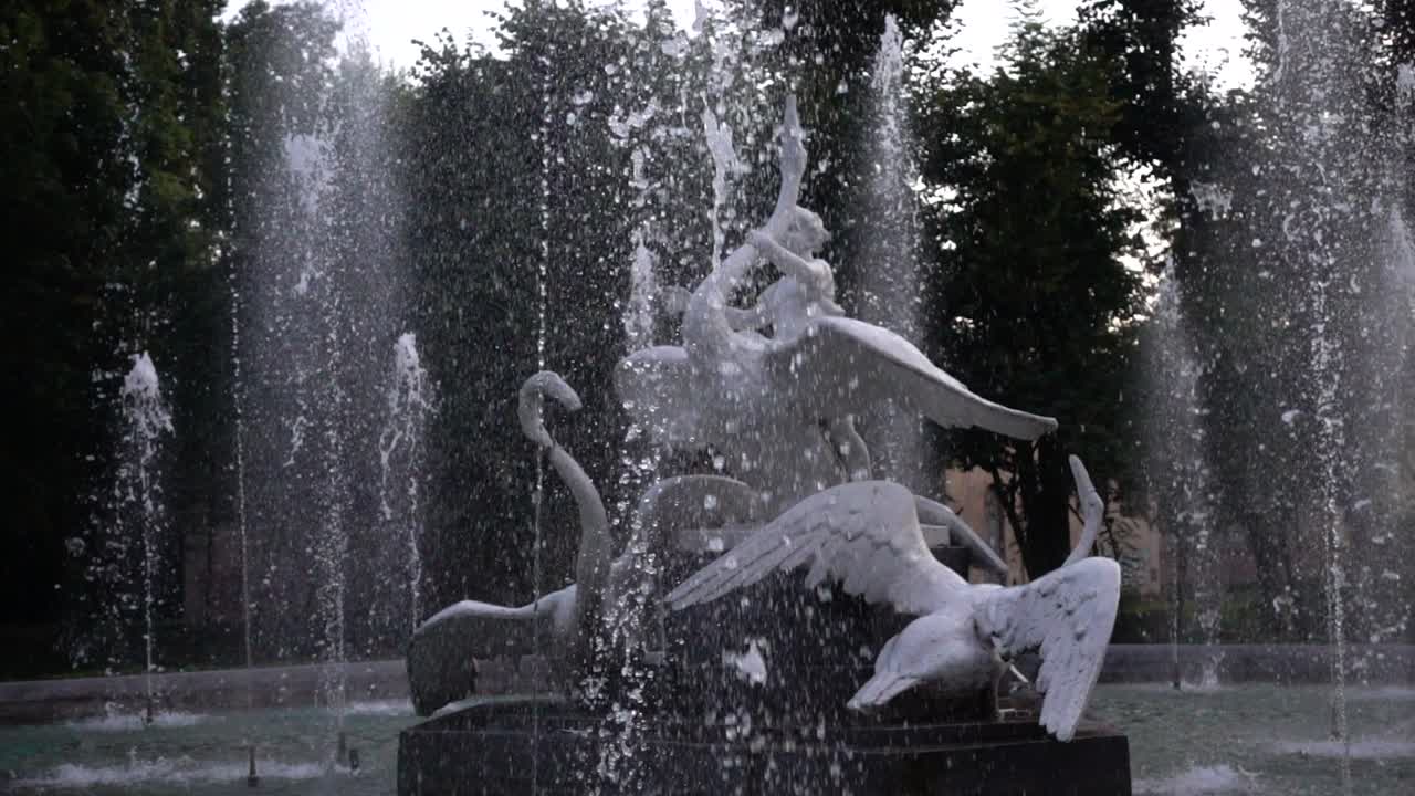 Fontaine dans le parc en soirée. Ralenti