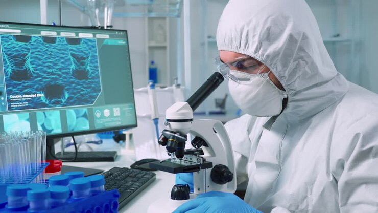 Research scientist in coverall conducting vaccine development