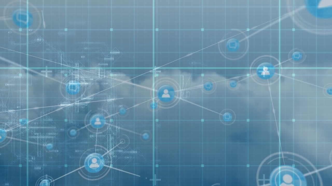 구름과 파란색 배경 위의 데이터 처리의 애니메이션