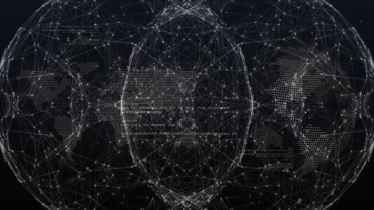 Network of connections and data processing animation over world map background