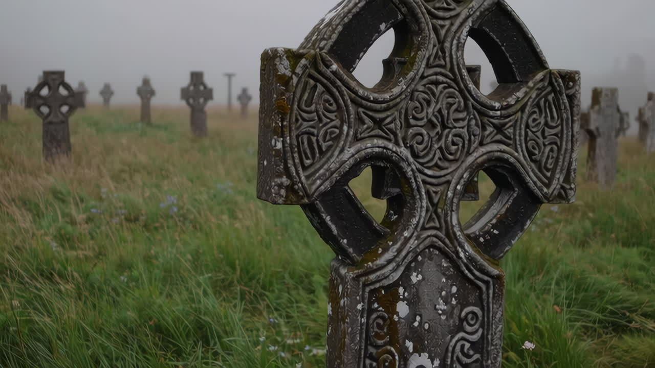 Ancient Celtic Crosses in a Misty Graveyard