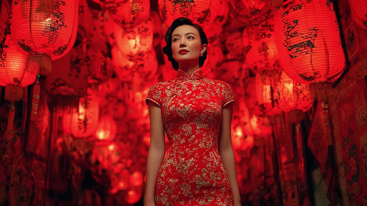 Ein atemberaubendes Porträt der Eleganz: Eine Frau in einem traditionellen roten Cheongsam, umgeben von leuchtenden Laternen, die den Geist der kulturellen Feierlichkeiten und des reichen Erbes einfangen