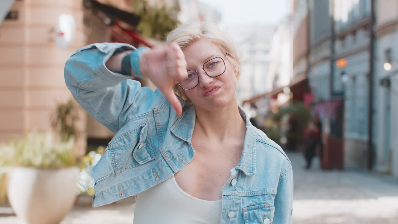 joven rubia caucásica molesta mostrando los pulgares dobles hacia abajo expresando descontento en la calle de la ciudad