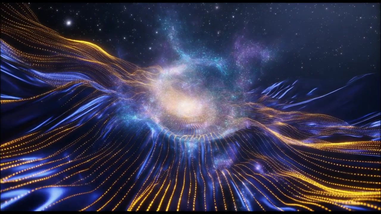 Abstract Digital Nebula With Glowing Particles and Flowing Waves