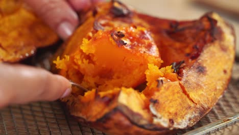 buen tiro de cuchara sumergiendo calabaza saliendo del horno asado siendo preparado con ingredientes