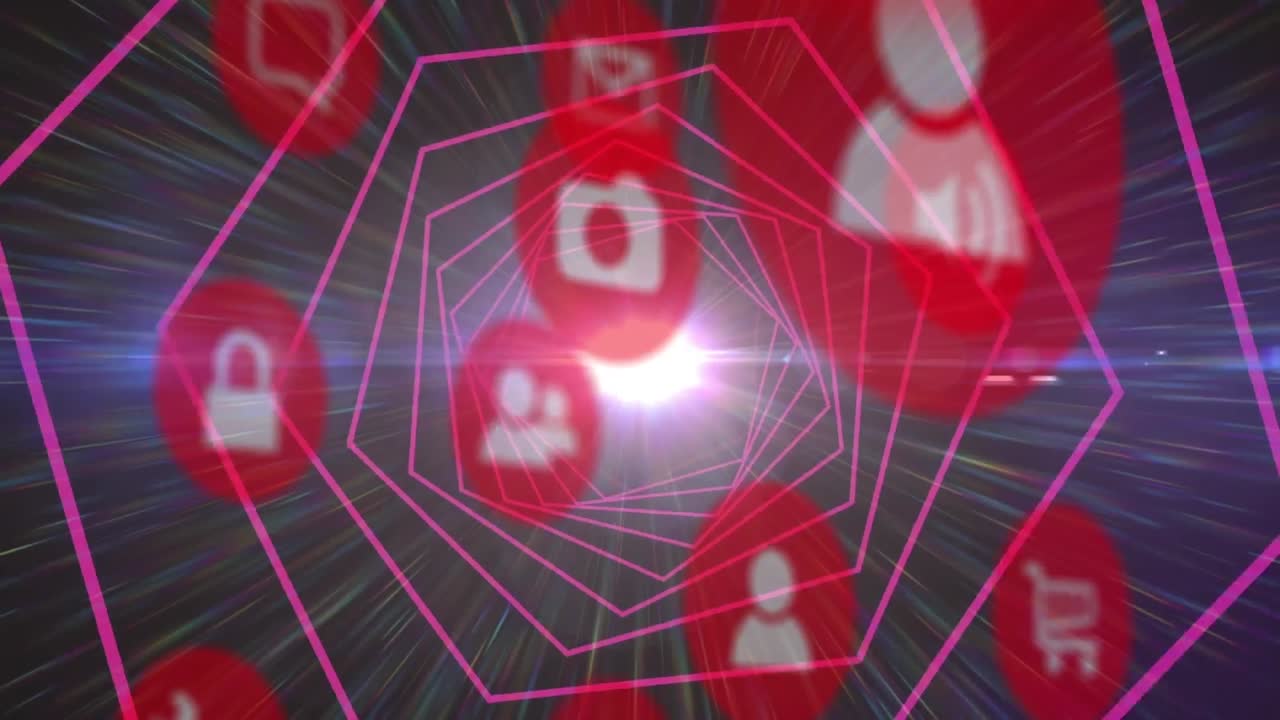 animación de iconos digitales sobre formas hexagonales en un patrón sin costuras contra el punto de luz.