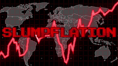 Animation of slumpflation text in red over graph and world map with data processing